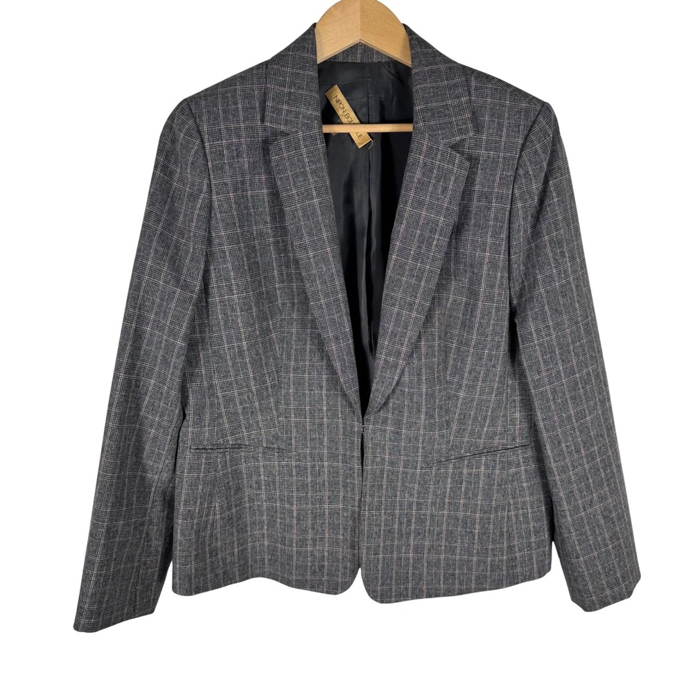 Nipon Boutique Womens Grey Pink Plaid Hook Eye Blazer Jacket Size 12